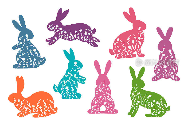 Happy Easter vector illustrations of bunnies, rabbits icons, decorated with flowers, floral, wildflowers.